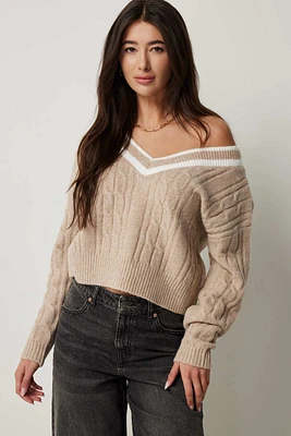 Ardene Short Cable Knit Sweater in Beige | Size Large | Polyester/Spandex