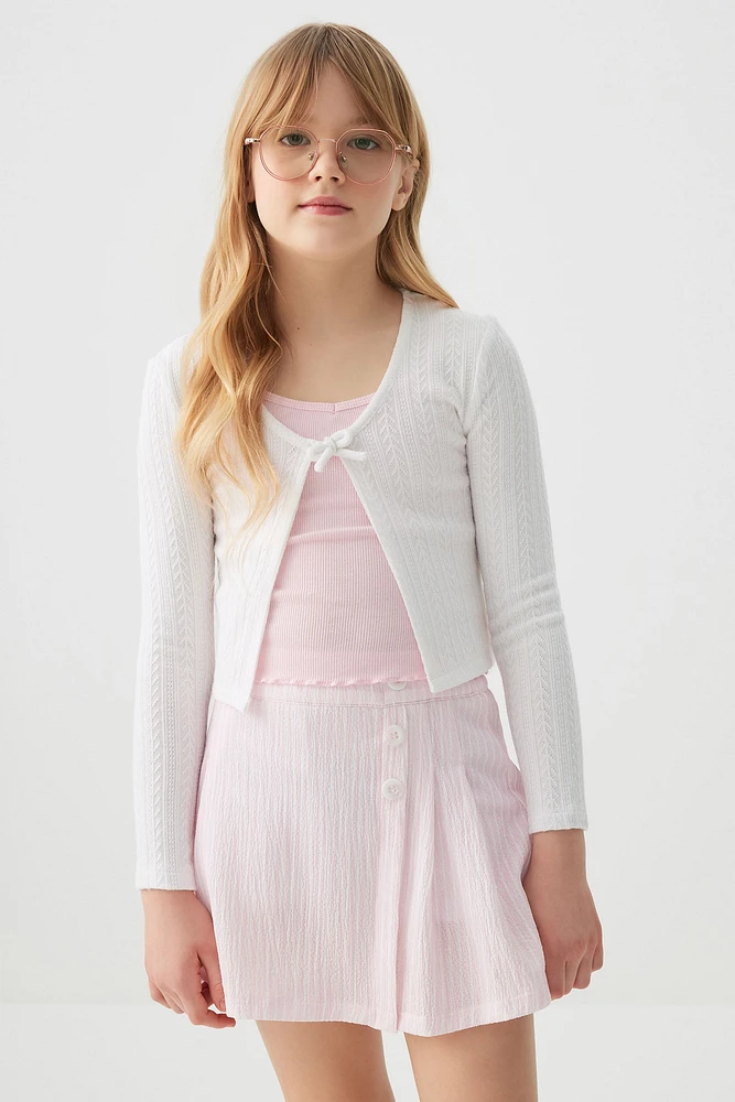 Ardene Kids V-Neck Cardigan with Bow Detail in White | Size Large | Polyester/Nylon/Viscose
