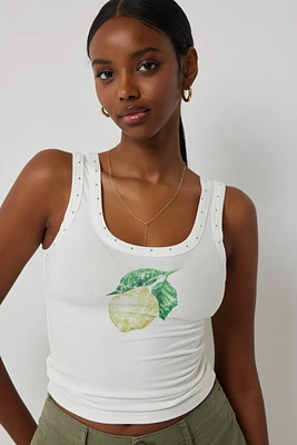 Ardene Fruit Print Tank Top with Stud Details in White | Size Large | Polyester/Spandex/Cotton