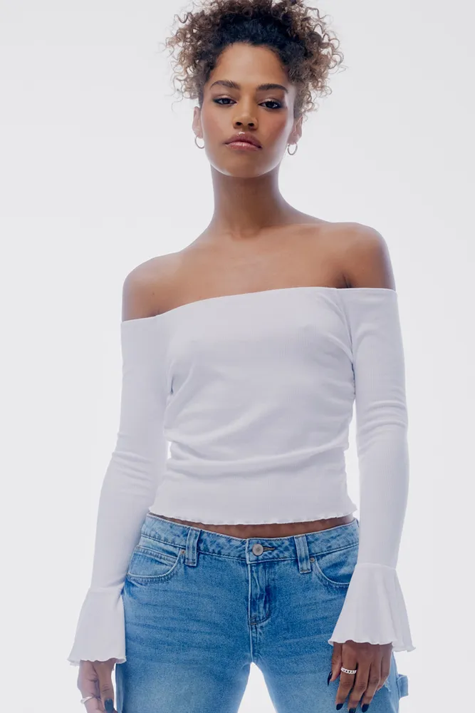 Ardene Off Shoulder Bell Sleeve Top in White | Size | Polyester/Rayon/Elastane