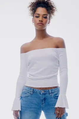 Ardene Off Shoulder Bell Sleeve Top in White | Size | Polyester/Rayon/Elastane