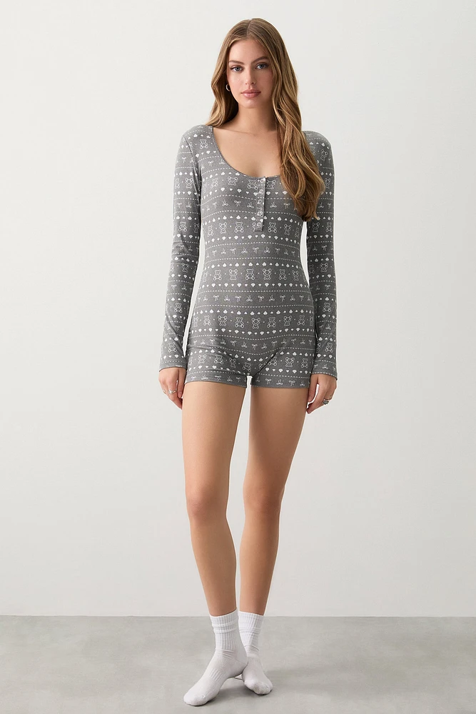 Ardene Long Sleeve PJ Romper in Dark Grey | Size Small | Polyester/Spandex | Eco-Conscious