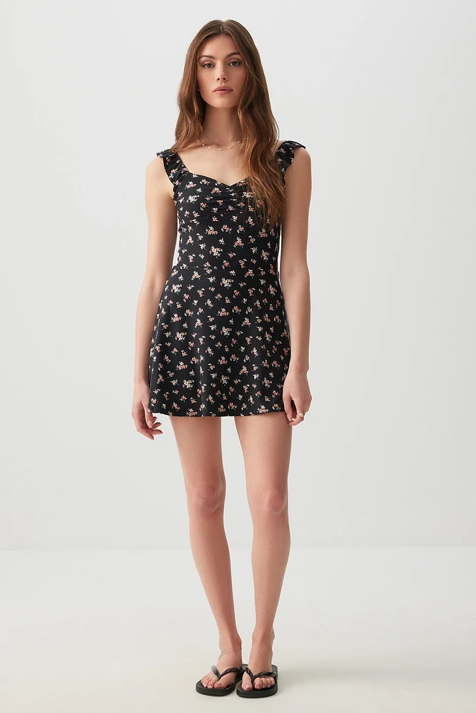 Ardene Printed Mini Dress with Integrated Shorts in Black | Size Large | Polyester/Elastane