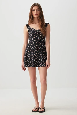 Ardene Printed Mini Dress with Integrated Shorts in Black | Size Large | Polyester/Elastane