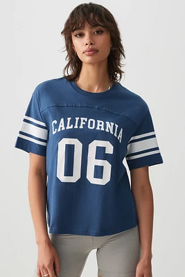 Ardene Relaxed Football T-Shirt in Blue Current | Size | 100% Cotton