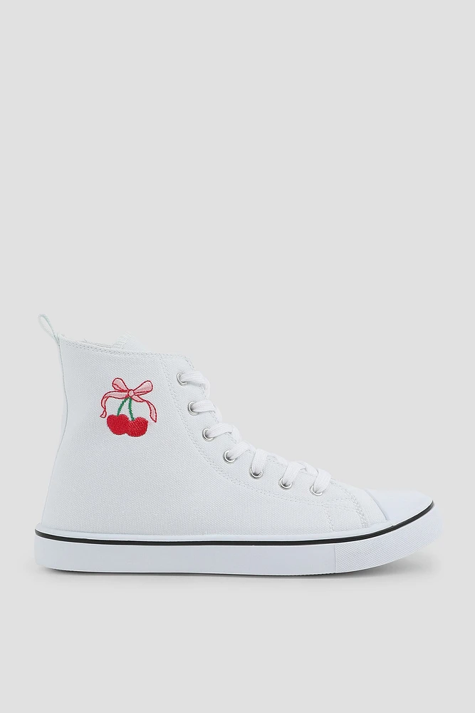 Ardene Canvas High Top Sneakers with Cherry Embroidery in White | Size | Eco-Conscious