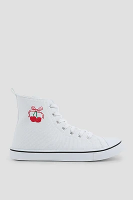 Ardene Canvas High Top Sneakers with Cherry Embroidery in White | Size | Eco-Conscious