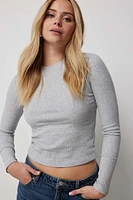 Ardene Fitted Long Sleeve Crew Neck T-Shirt in Light Grey | Size Medium | Cotton/Elastane