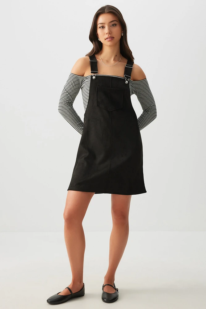 Ardene Faux Suede Overall Dress in Black | Size | Polyester/Spandex/Faux Suede