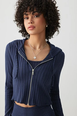 Ardene Crop Soft Rib Hoodie in Dark Blue | Size | Polyester/Spandex