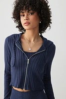 Ardene Crop Soft Rib Hoodie in Dark Blue | Size | Polyester/Spandex