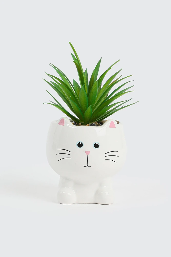 Ardene Kids Artificial Plant in Cat Pot in White