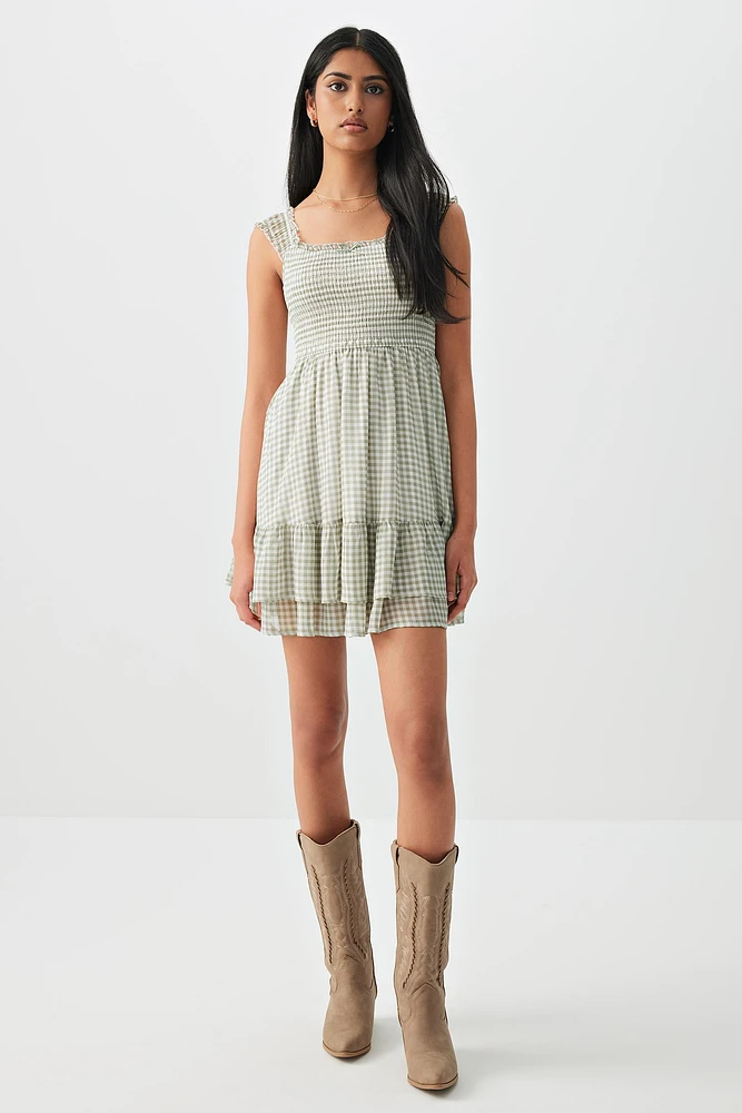 Ardene Printed Mini Chiffon Ruffle Dress in Light Green | Size | Polyester