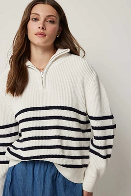 Ardene Striped Half Zip Sweater in White | Size Large | 100% Cotton