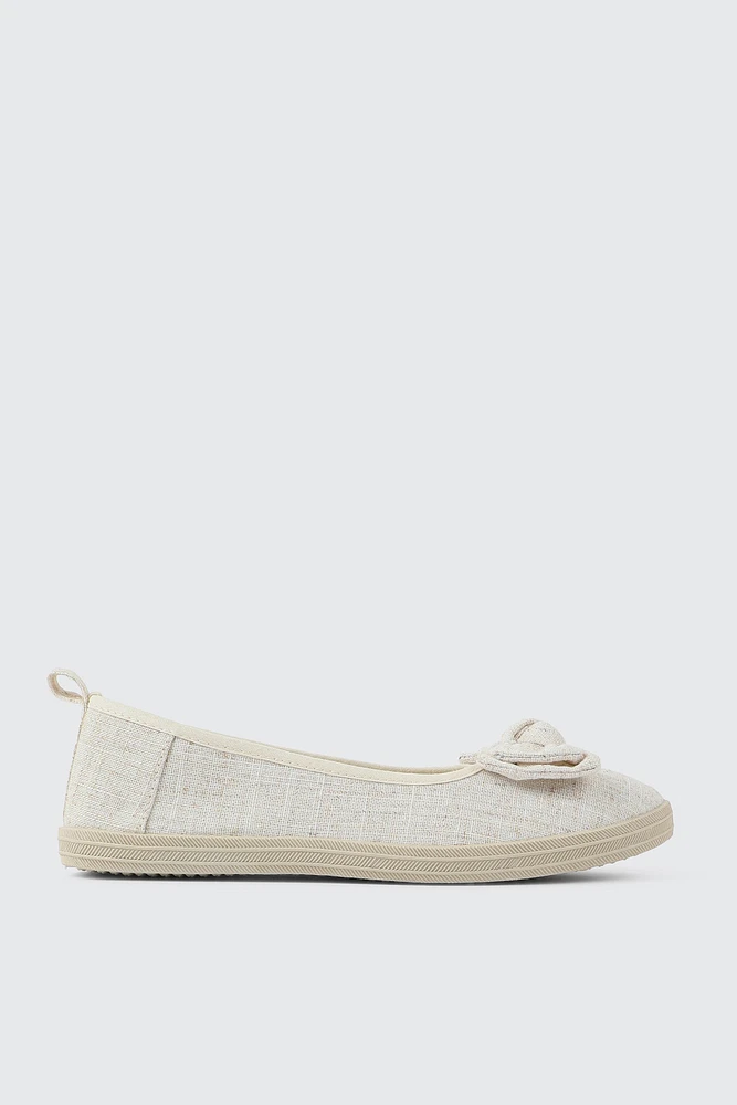 Ardene Canvas Slip On Shoes With Bow Detail in Beige | Size