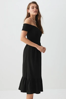 Ardene Smocked Off Shoulder Midi Dress in | Size | Polyester/Elastane
