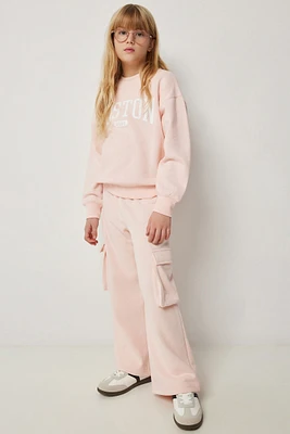 Ardene Kids Wide Leg Cargo Sweatpants in Light Pink | Size Large | Polyester/Cotton | Fleece-Lined
