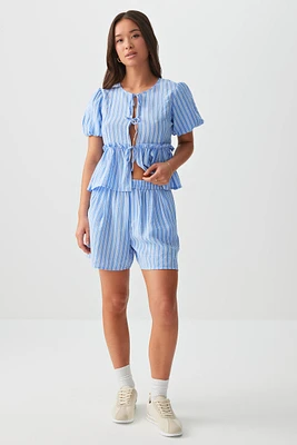 Ardene Pinstriped Boxer Shorts in Medium Blue | Size | Polyamide/Viscose