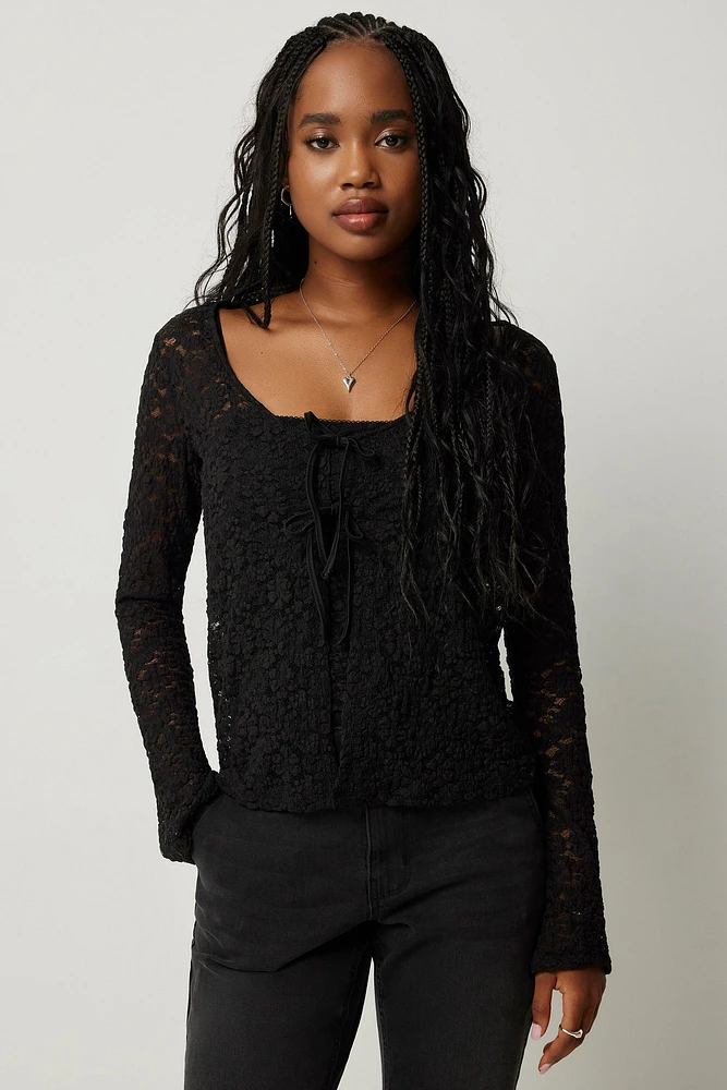 Ardene Tie Front Lace Cardigan in Black | Size Small | Cotton/Elastane/Polyamide