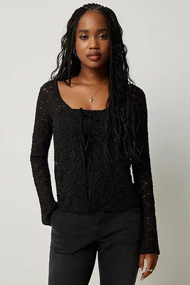 Ardene Tie Front Lace Cardigan in Black | Size Small | Cotton/Elastane/Polyamide