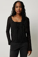 Ardene Tie Front Lace Cardigan in Black | Size Small | Cotton/Elastane/Polyamide