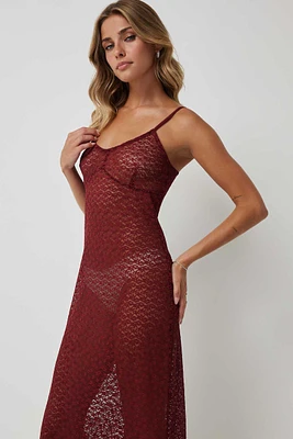 Ardene Lace Nightie with Slit in Burgundy | Size Small | Nylon/Spandex | Eco-Conscious