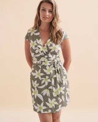 Robe courte cache-cœur vert floral