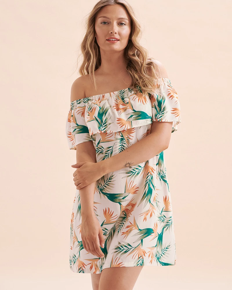 Robe courte tropicale à épaules dénudées