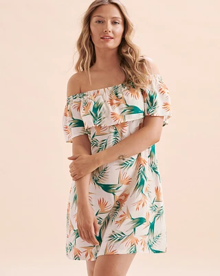 Robe courte tropicale à épaules dénudées