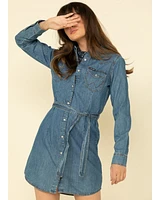 Wrangler Women's Medium Wash Denim Western Shirt Mini Dress
