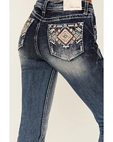 Grace LA Women's Medium Wash Geo Print Embroidered Mid Rise Bootcut Stretch Denim Jeans