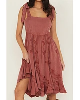 Wild Moss Women's Floral Embroidered Tie Strap Midi Dress