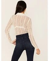 Wild Moss Women's Lace Button Front Sheer Long Sleeve Shirt