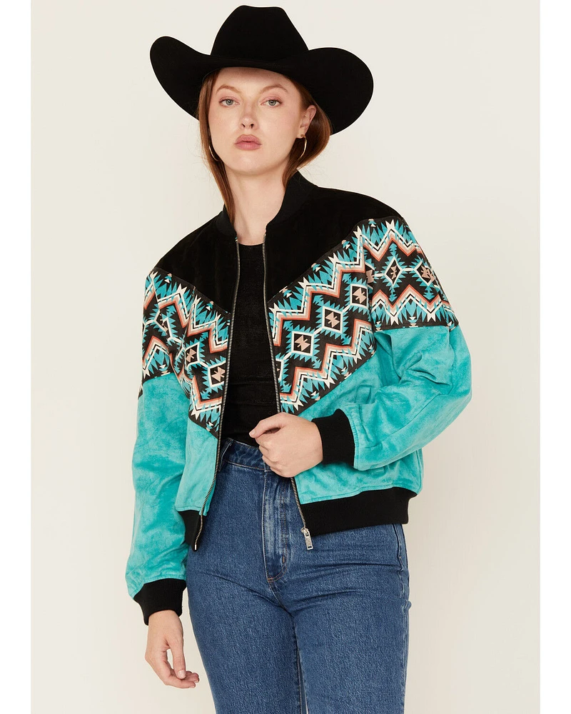 Rock & Roll Denim Women's Southwestern Print Faux Suede Bomber Jacket