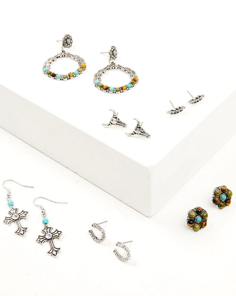 Shyanne Women's Bisbee Falls Silver Longhorn & Cross 6-Piece Earrings Set
