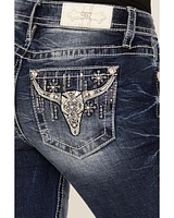 Miss Me Women's Dark Wash Mid Rise Steer Head Pocket 32" Bootcut Stretch Denim Jeans