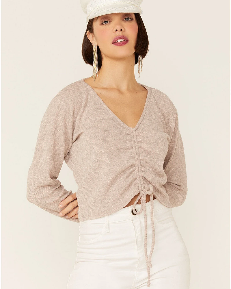 Wild Moss Women's Ribbed Lurex Cinch Front Knit Top
