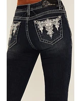 Grace LA Women's Dark Wash Geo Print Embroidered Mid Rise Bootcut Stretch Denim Jeans