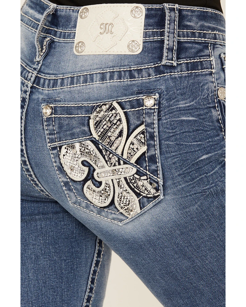 Miss Me Women's Medium Wash Slim Fit Fleur de Lis Pocket 32" Bootcut Stretch Denim Jeans