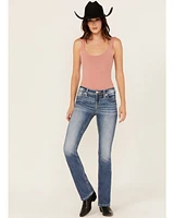 Miss Me Women's Medium Wash Mid Rise Horseshoe Pocket 34" Bootcut Stretch Denim Jeans