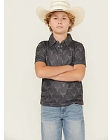 Rock & Roll Denim Boys' Long Horn Print Short Sleeve Button-Down Polo