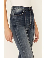 Flying Tomato Women's High Rise Dark Acid Wash Front Pintuck Flare Jeans