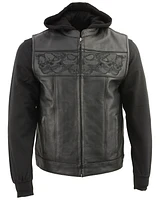 Milwaukee Leather Men's Concealed Carry Vest with Reflective Skulls and Removeable Hoodie