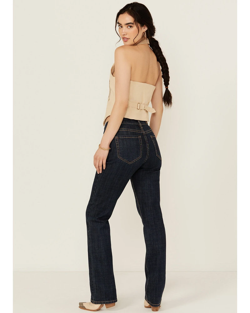 Rock & Roll Denim Women's Dark Wash High Rise Western Yoke Modest Bootcut Stretch Jeans