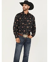 Cowboy Hardware Men's Vintage Bronco Print Long Sleeve Snap Stretch Western Shirt