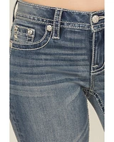 Miss Me Women's Medium Wash Mid Rise Floral Fleur de Lis Pocket 32" Bootcut Stretch Denim Jeans
