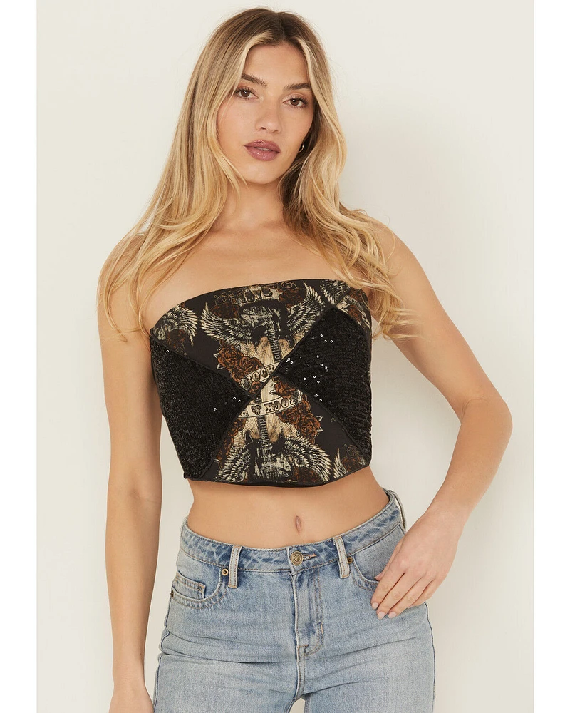 Originality Women's Sequin Strapless Graphic Bandana Top