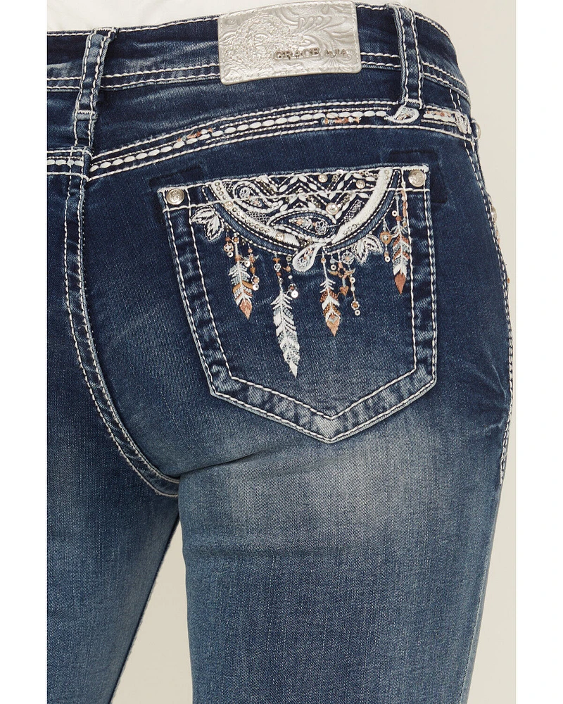 Grace LA Women's Medium Wash Dream Catcher Embroidered Mid Rise Bootcut Stretch Denim Jeans
