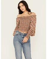 Rock & Roll Denim Women's Smocked Off The Shoulder Long Sleeve Top