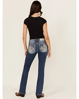 Miss Me Women's Medium Wash Mid Rise Fleur de Lis Pocket 32" Bootcut Stretch Denim Jeans